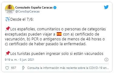 Tweet del Consulado de España en Venezuela